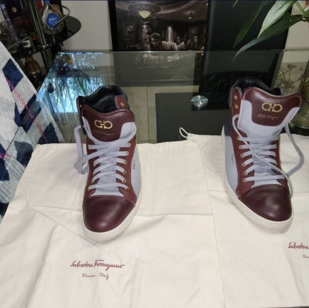 Salvatore Ferragamo Men's Burgundy High-Top Sneakers